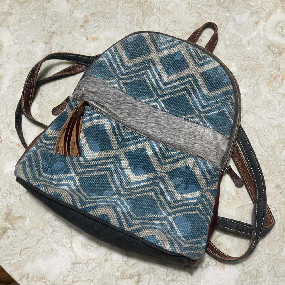 Myra Bag Handmade Breeze Backpack Bag Upcycled Canvas & Cowhide Leather